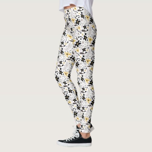 Abstract Black Yellow Gray Floral Pattern Leggings