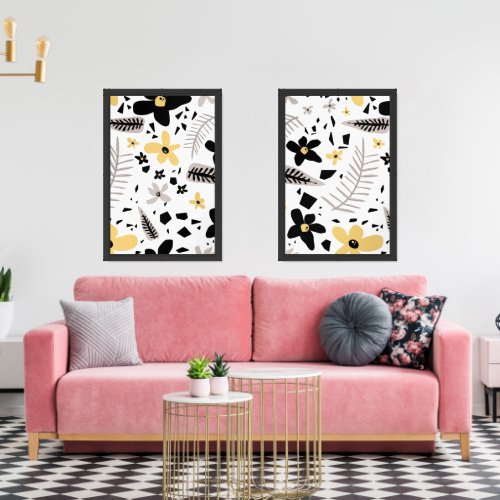 Abstract Black Yellow Gray Floral Pattern Wall Art Sets