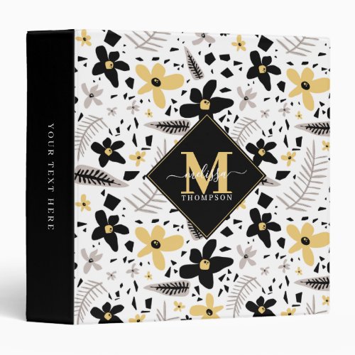 Abstract Black Yellow Gray Seamless Floral Pattern 3 Ring Binder