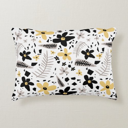 Abstract Black Yellow Gray Seamless Floral Pattern Accent Pillow