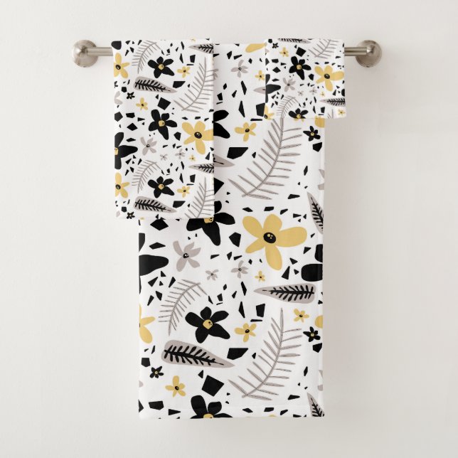 Abstract Black Yellow Gray Seamless Floral Pattern Bath Towel Set (Insitu)