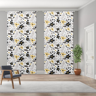 Abstract Black Yellow Gray Seamless Floral Pattern Blackout Curtains
