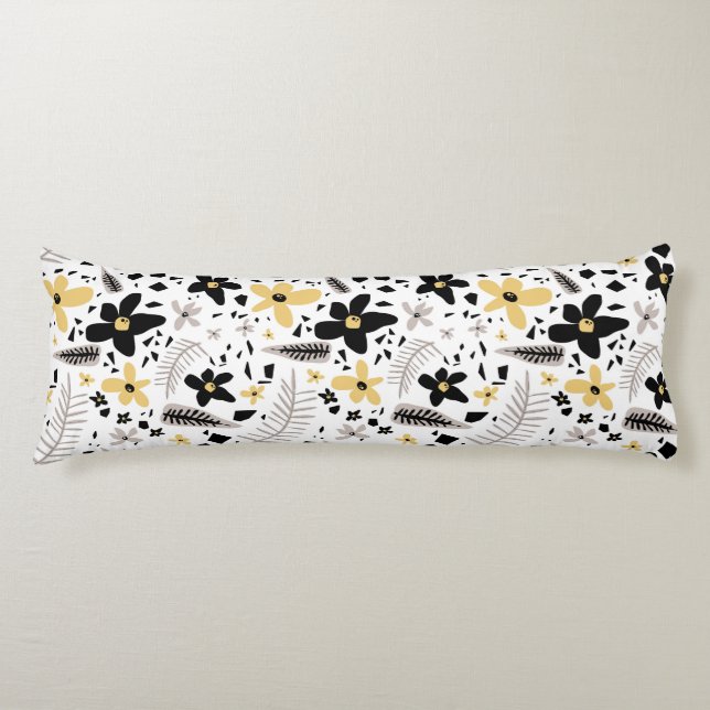 Abstract Black Yellow Gray Seamless Floral Pattern Body Pillow (Front)