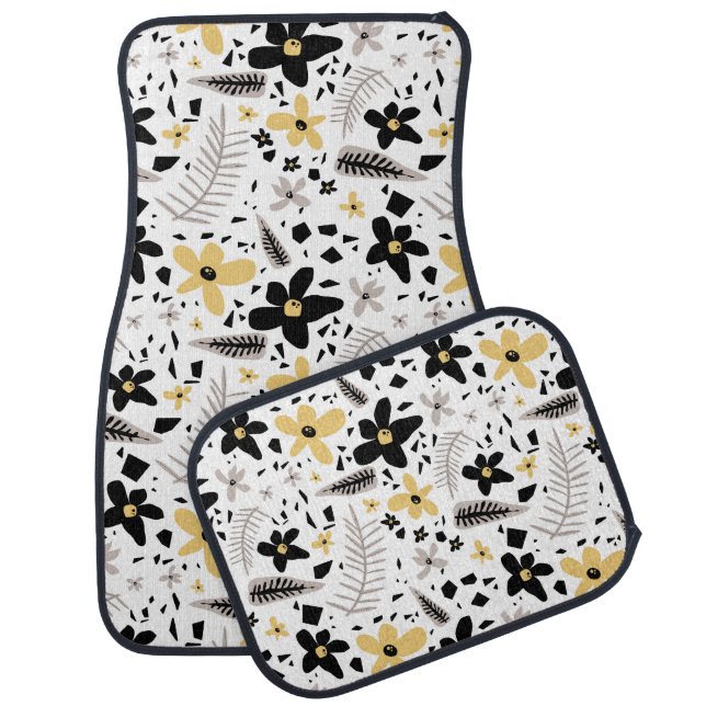 Abstract Black Yellow Gray Seamless Floral Pattern Car Floor Mat (Set)