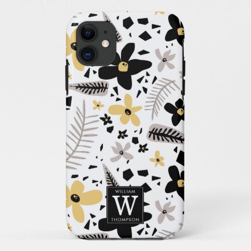 Abstract Black Yellow Gray Seamless Floral Pattern iPhone 11 Case