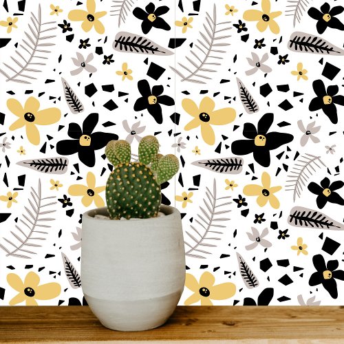 Abstract Black Yellow Gray Seamless Floral Pattern Ceramic Tile