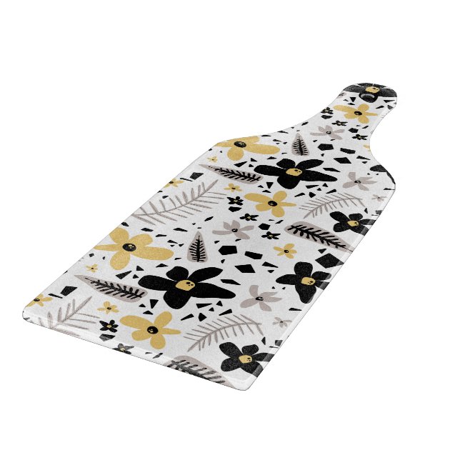 Abstract Black Yellow Gray Seamless Floral Pattern Cutting Board (Corner)