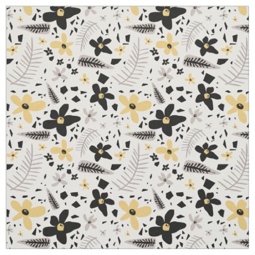 Abstract Black Yellow Gray Seamless Floral Pattern Fabric