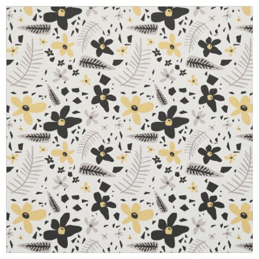 Abstract Black Yellow Gray Seamless Floral Pattern Fabric