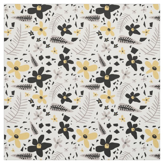 Abstract Black Yellow Gray Seamless Floral Pattern Fabric (Swatch)