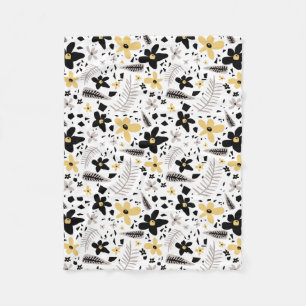 Abstract Black Yellow Gray Seamless Floral Pattern Fleece Blanket