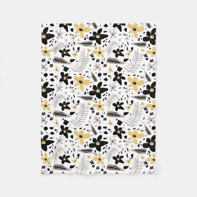 Abstract Black Yellow Gray Seamless Floral Pattern Fleece Blanket (Front)