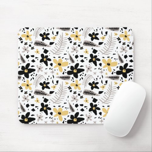 Abstract Black Yellow Gray Seamless Floral Pattern Mouse Pad