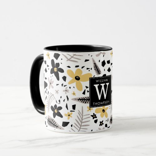 Abstract Black Yellow Gray Seamless Floral Pattern Mug