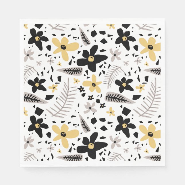 Abstract Black Yellow Gray Seamless Floral Pattern Napkins (Front)