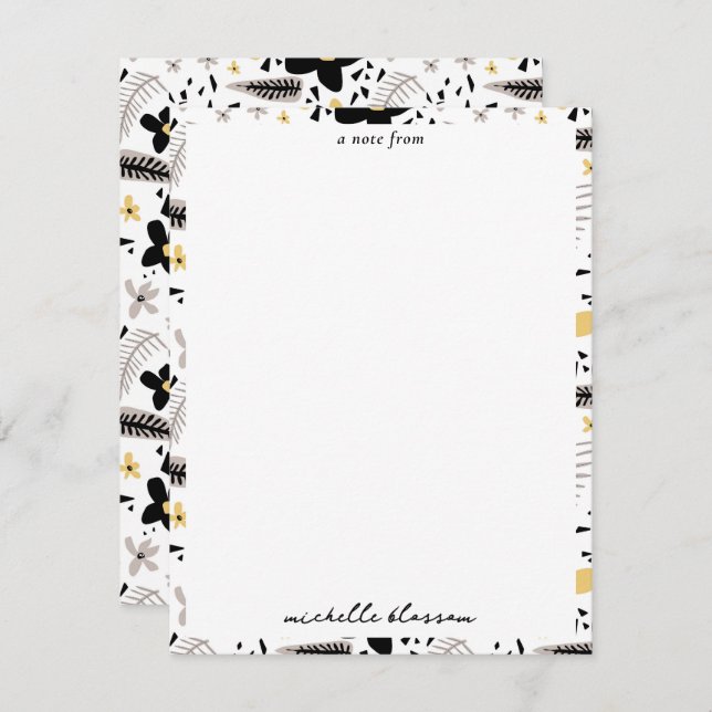 Abstract Black Yellow Gray Seamless Floral Pattern Note Card (Front/Back)