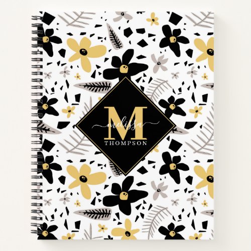 Abstract Black Yellow Gray Seamless Floral Pattern Notebook