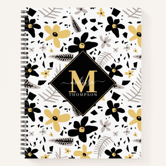 Abstract Black Yellow Gray Seamless Floral Pattern Notebook (Front)