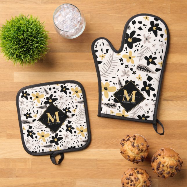 Abstract Black Yellow Gray Seamless Floral Pattern Oven Mitt & Pot Holder Set (Top Down)