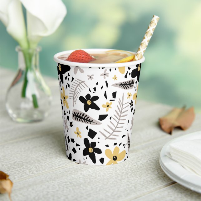 Abstract Black Yellow Gray Seamless Floral Pattern Paper Cups (Insitu)