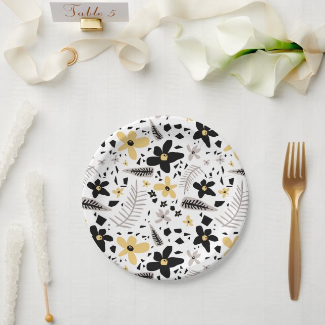Abstract Black Yellow Gray Seamless Floral Pattern Paper Plates (Wedding)