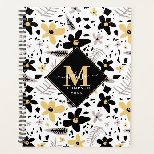 Abstract Black Yellow Gray Seamless Floral Pattern Planner