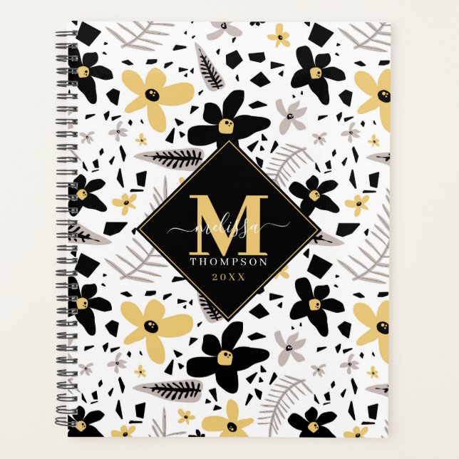Abstract Black Yellow Gray Seamless Floral Pattern Planner (Front)