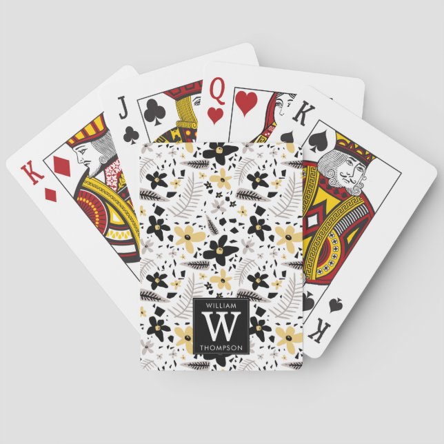 Abstract Black Yellow Gray Seamless Floral Pattern Poker Cards (Back)