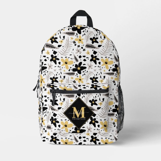 Abstract Black Yellow Gray Seamless Floral Pattern Printed Backpack (Front)