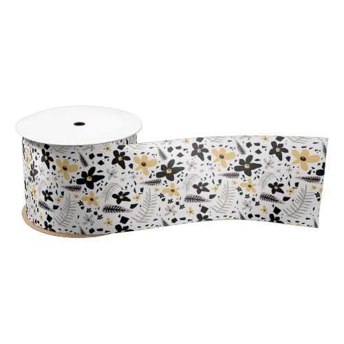 Abstract Black Yellow Gray Seamless Floral Pattern Satin Ribbon