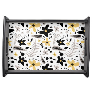 Abstract Black Yellow Gray Seamless Floral Pattern Serving Tray