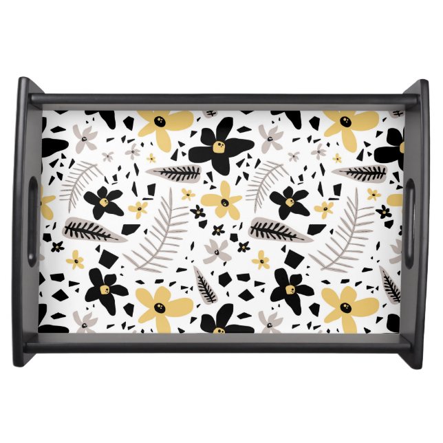 Abstract Black Yellow Gray Seamless Floral Pattern Serving Tray (Front)