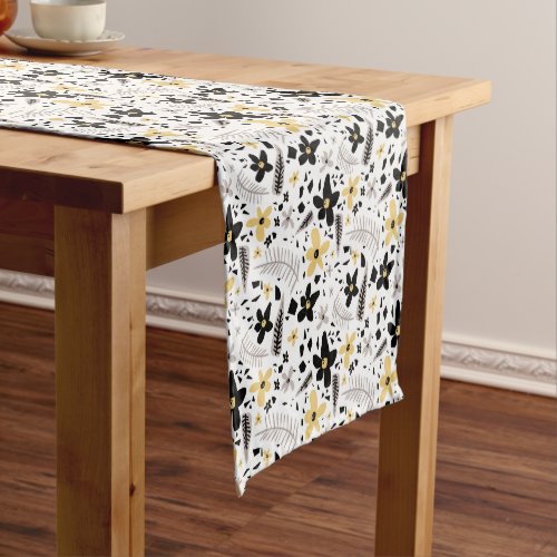 Abstract Black Yellow Gray Seamless Floral Pattern Short Table Runner