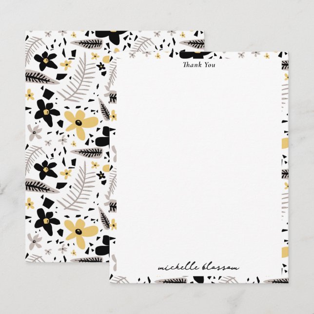 Abstract Black Yellow Gray Seamless Floral Pattern Thank You Card (Front/Back)