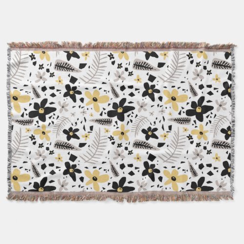 Abstract Black Yellow Gray Seamless Floral Pattern Throw Blanket