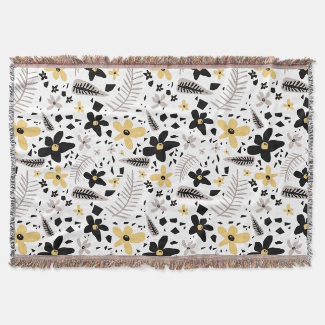 Abstract Black Yellow Gray Seamless Floral Pattern Throw Blanket (Front)