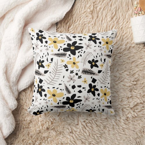 Abstract Black Yellow Gray Seamless Floral Pattern Throw Pillow
