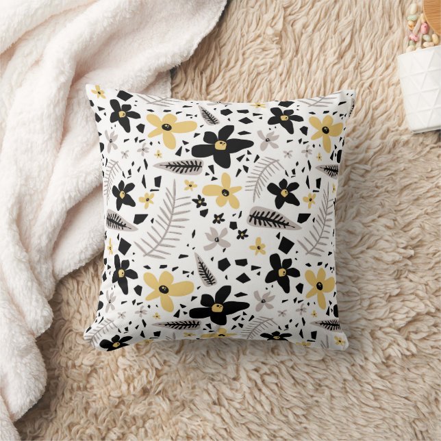 Abstract Black Yellow Gray Seamless Floral Pattern Throw Pillow (Blanket)