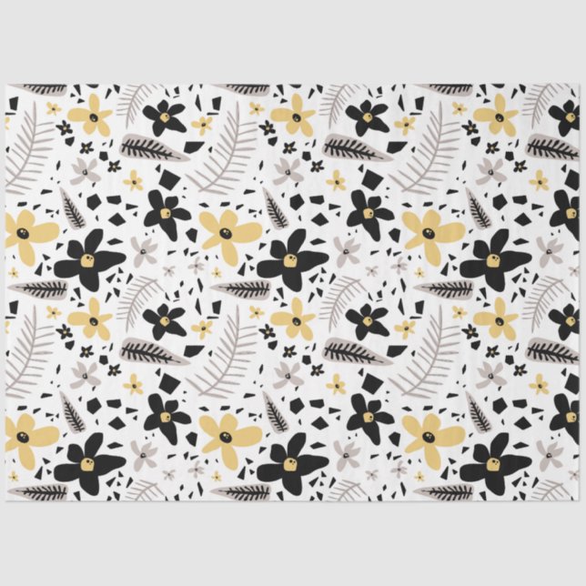 Abstract Black Yellow Gray Seamless Floral Pattern Tissue Paper (Front)