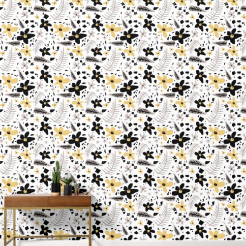 Abstract Black Yellow Gray Seamless Floral Pattern Wallpaper