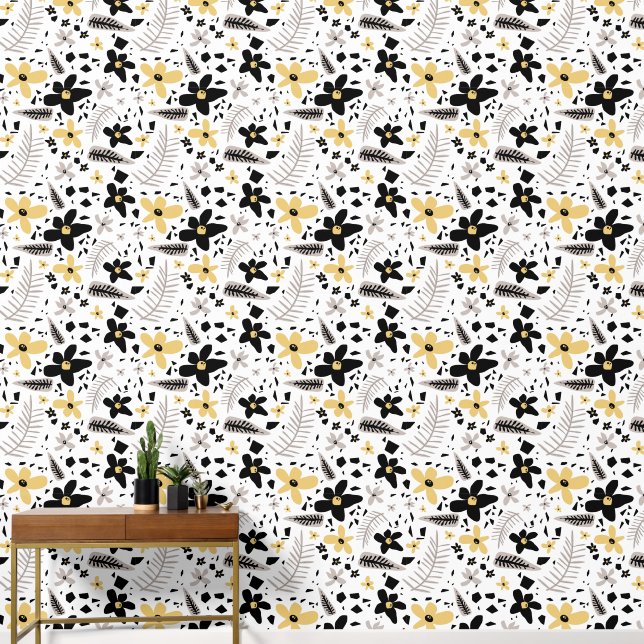 Abstract Black Yellow Gray Seamless Floral Pattern Wallpaper (Hallway)