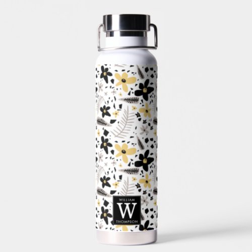 Abstract Black Yellow Gray Seamless Floral Pattern Water Bottle