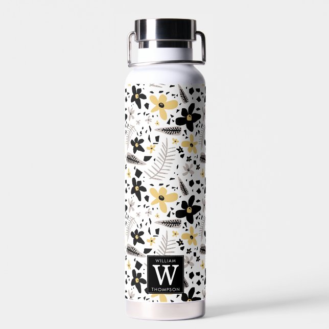 Abstract Black Yellow Gray Seamless Floral Pattern Water Bottle (Back)