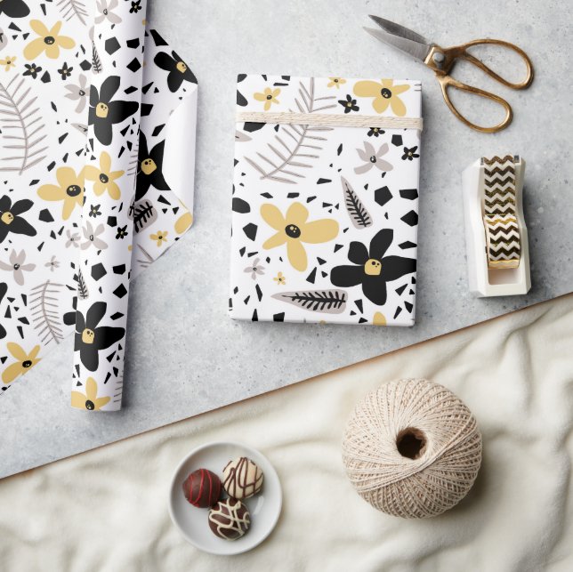 Abstract Black Yellow Gray Seamless Floral Pattern Wrapping Paper (Crafts)