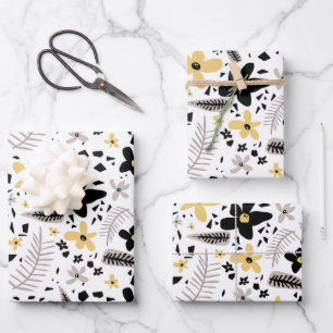 Abstract Black Yellow Gray Seamless Floral Pattern Wrapping Paper Sheets