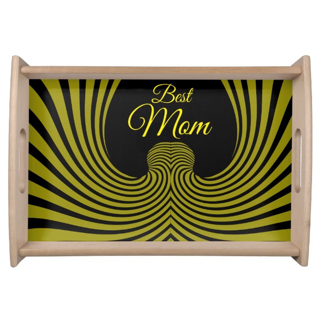 Abstract Black & Yellow Waves Stripe Line Best Mom Serving Tray (Front)