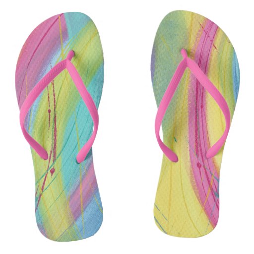 Abstract blends pink yellow blue green flip flops | Zazzle
