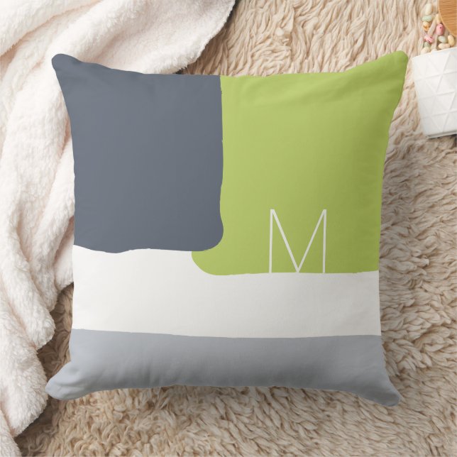 Abstract Block Gray Lime Green Modern Monogram Throw Pillow
