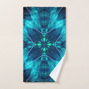 Abstract Bloom Aqua and Blue Fractal Design Hand Towel