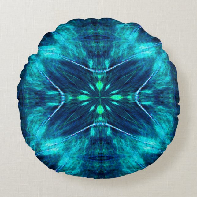Abstract Bloom Aqua and Blue Fractal Design Round Pillow (Front)